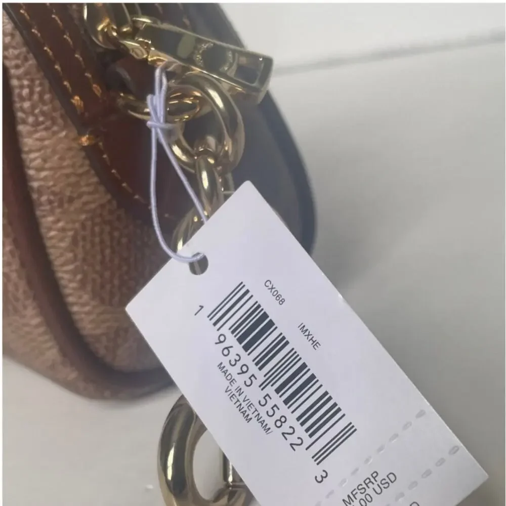 Coach Mini Rowan Bag Charm Brown Signature Canvas Leather Gold CX068